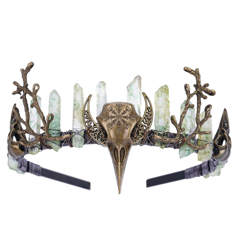 CoTeeZa Green Fairy Crystal Crown - Handmade Raw Quartz Tiara with Bronze Crow Branch Moon Elf Headpiece Fantasy Forest Witch Crown Wedding Renaissance Halloween Cosplay Woodland Headband - Image 1